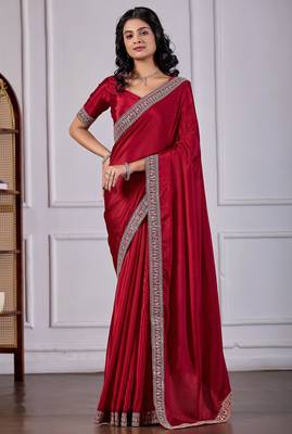 Maroon chinnon fabric saree with embroidered border 1