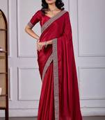 Maroon chinnon fabric saree with embroidered border