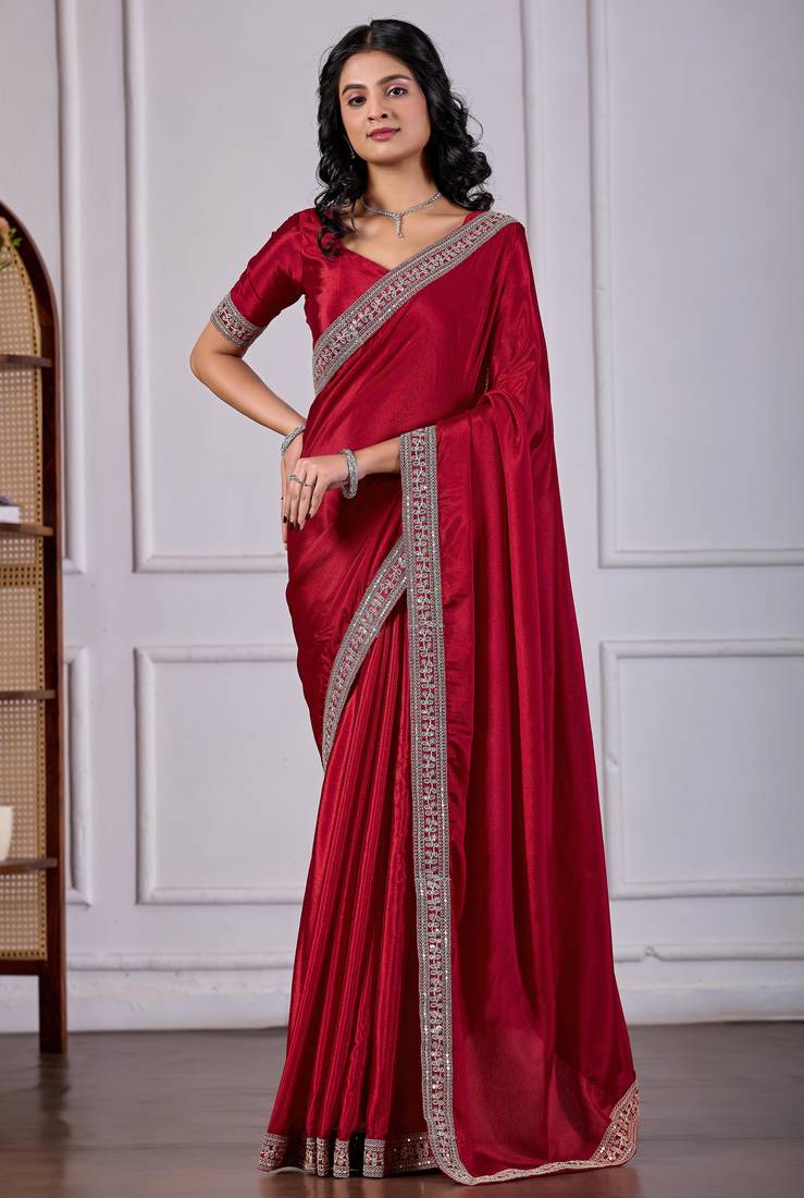 Maroon chinnon fabric saree with embroidered border