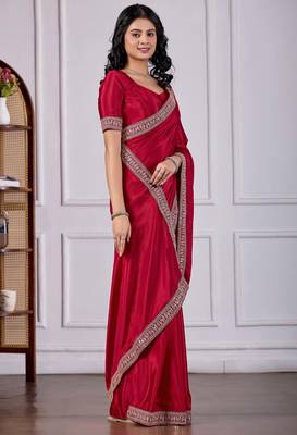 Maroon chinnon fabric saree with embroidered border 3