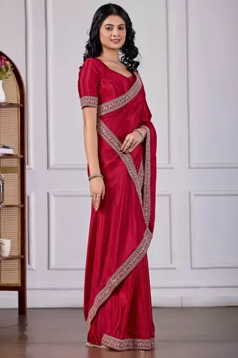 Maroon chinnon fabric saree with embroidered border