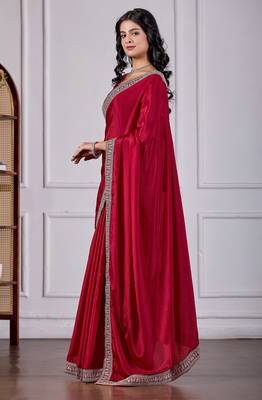 Maroon chinnon fabric saree with embroidered border 4