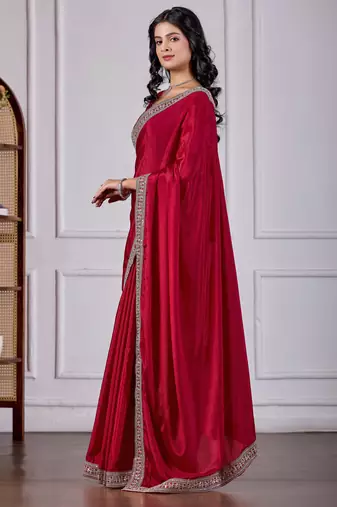 Maroon chinnon fabric saree with embroidered border