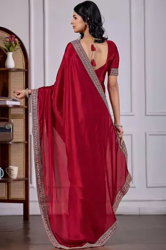 Maroon chinnon fabric saree with embroidered border