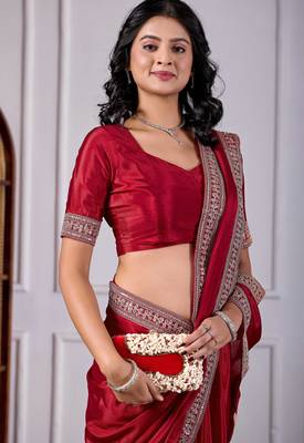 Maroon chinnon fabric saree with embroidered border 6