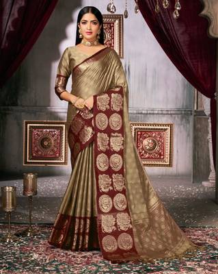 ethnic olive self design art silk all seasons saree with unstitched blouse 1