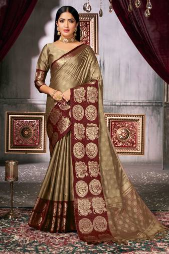 ethnic olive self design art silk all seasons saree with unstitched blouse