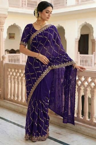 Purple Color Sequence Embroidery Work With Cut Work Border Silk Saree
