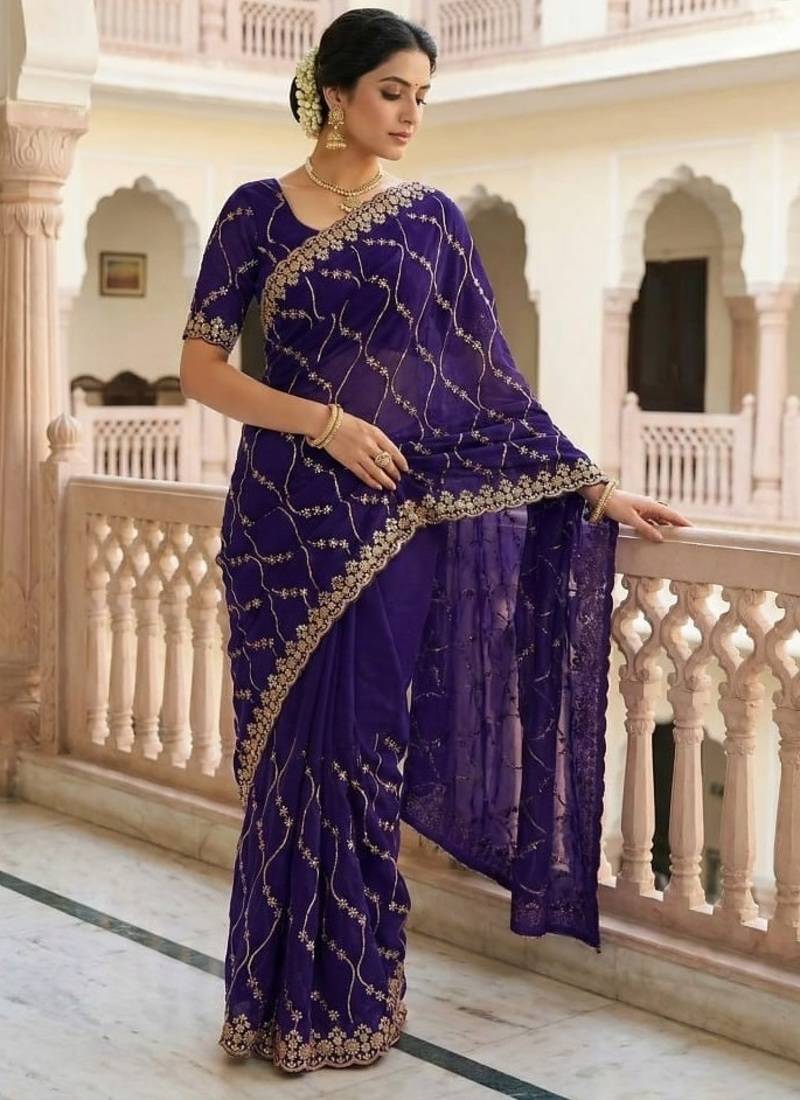 Purple Color Sequence Embroidery Work With Cut Work Border Silk Saree