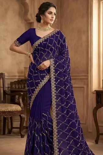 Purple Color Sequence Embroidery Work With Cut Work Border art silk saree