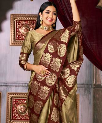 ethnic olive self design art silk all seasons saree with unstitched blouse 2