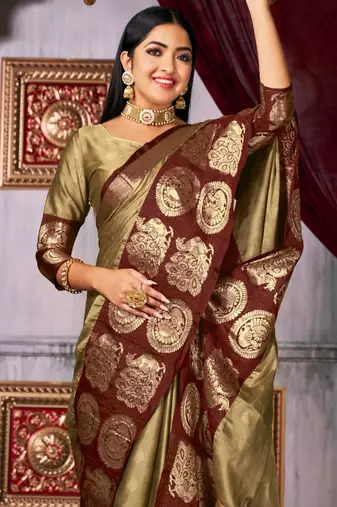 ethnic olive self design art silk all seasons saree with unstitched blouse