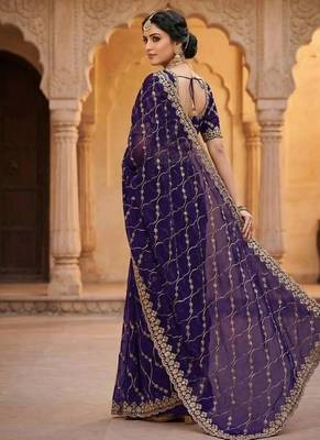 Purple Color Sequence Embroidery Work With Cut Work Border art silk saree 3
