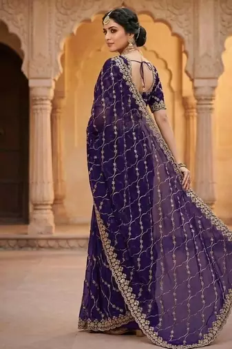 Purple Color Sequence Embroidery Work With Cut Work Border art silk saree