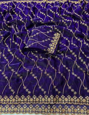 Purple Color Sequence Embroidery Work With Cut Work Border art silk saree 4