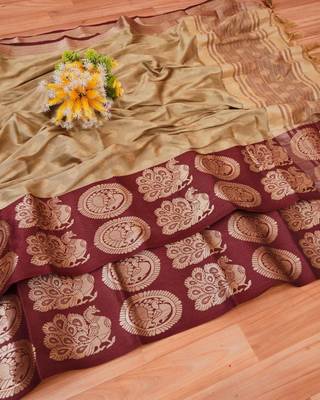 ethnic olive self design art silk all seasons saree with unstitched blouse 3