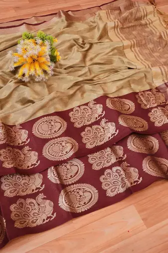 ethnic olive self design art silk all seasons saree with unstitched blouse