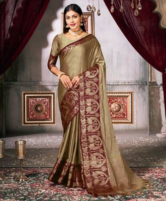  olive woven silk cotton saree with unstitched blouse 1