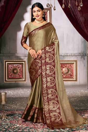 trendy olive woven silk cotton bollywood saree with unstitched blouse