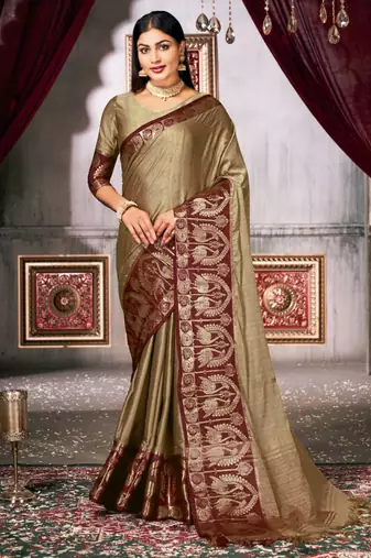 trendy olive woven silk cotton bollywood saree with unstitched blouse