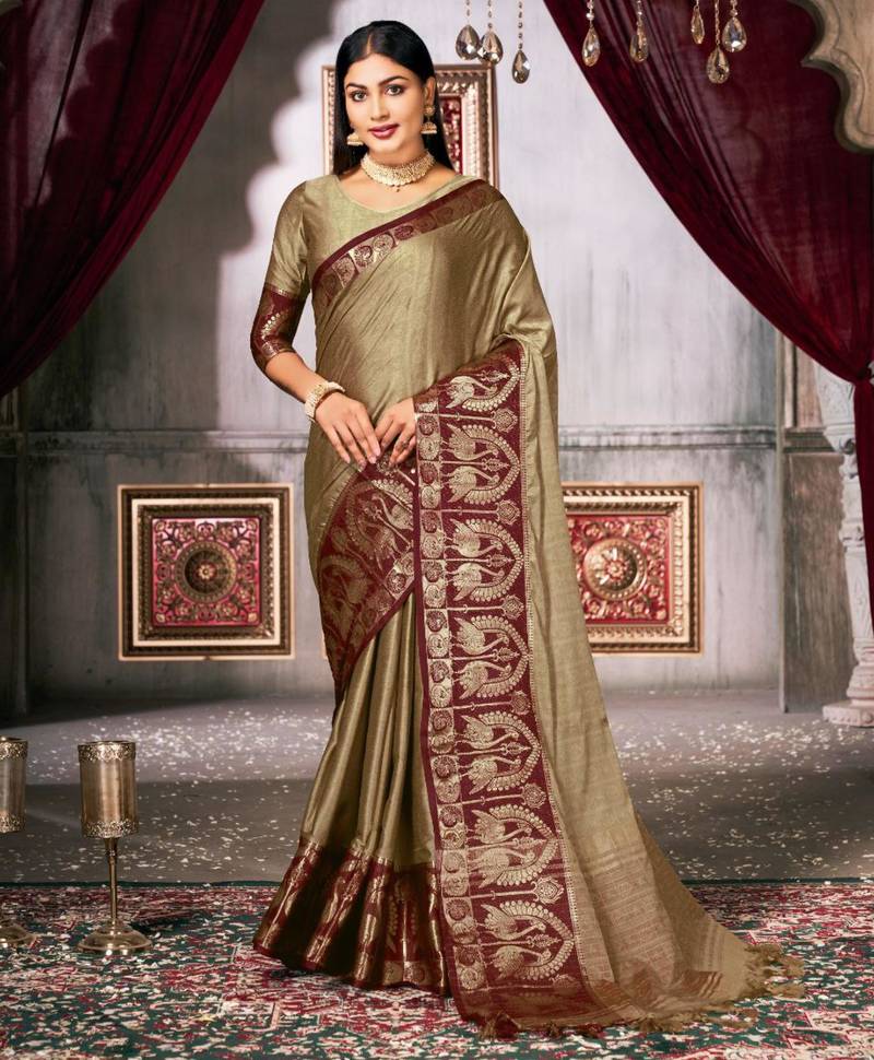 trendy olive woven silk cotton bollywood saree with unstitched blouse