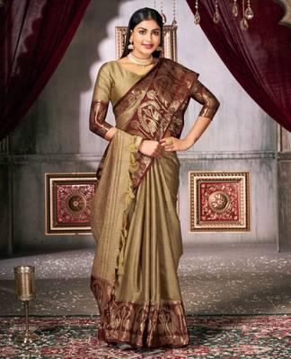 olive woven silk cotton saree with unstitched blouse 3
