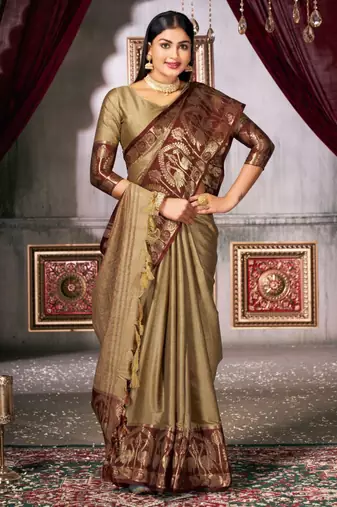  olive woven silk cotton saree with unstitched blouse