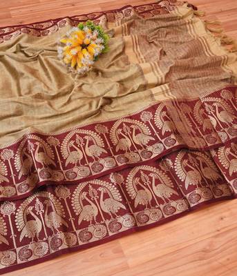  olive woven silk cotton saree with unstitched blouse 4