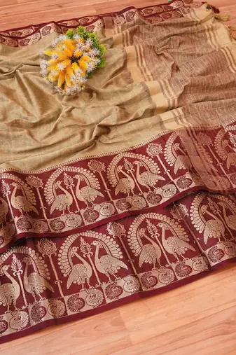  olive woven silk cotton saree with unstitched blouse