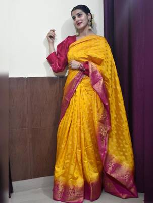 indian gold resham thread pure art silk gift saree with unstitched blouse 1