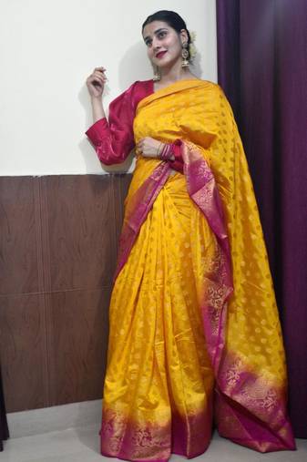 indian gold resham thread pure art silk gift saree with unstitched blouse