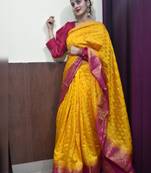 indian gold resham thread pure art silk gift saree with unstitched blouse