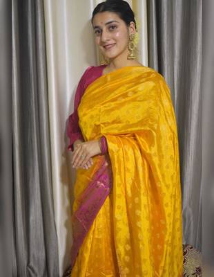 indian gold resham thread pure art silk gift saree with unstitched blouse 2