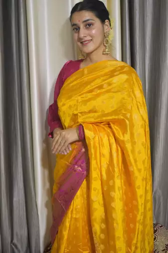 indian gold resham thread pure art silk gift saree with unstitched blouse