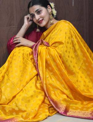 indian gold resham thread pure art silk gift saree with unstitched blouse 3