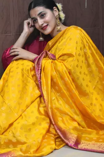 indian gold resham thread pure art silk gift saree with unstitched blouse