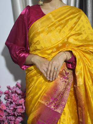 indian gold resham thread pure art silk gift saree with unstitched blouse 4