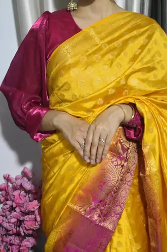 indian gold resham thread pure art silk gift saree with unstitched blouse