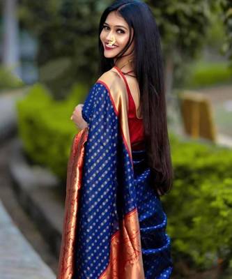 elegance blue banarasi art art silk jacquard saree with unstitched blouse 2