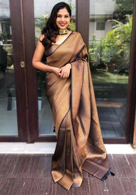  copper self design cotton silk kerala saree with unstitched blouse 1