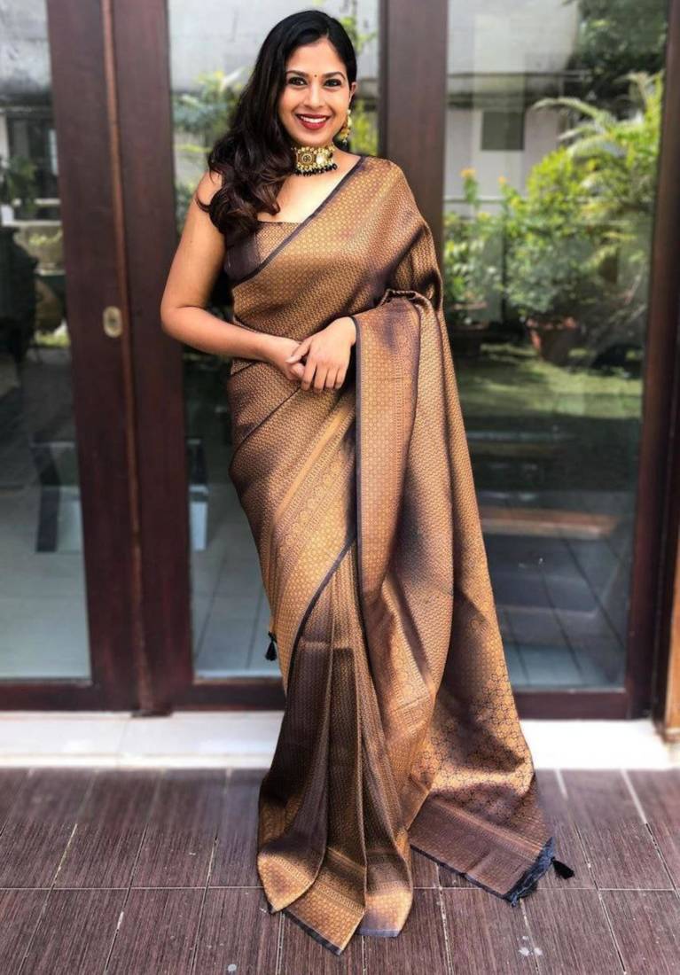 new collection copper self design cotton silk kerala saree with unstitched blouse
