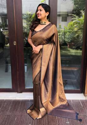  copper self design cotton silk kerala saree with unstitched blouse 2