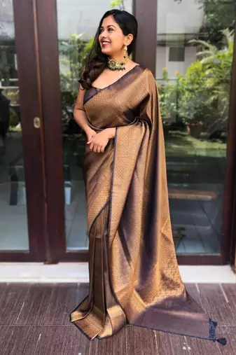  copper self design cotton silk kerala saree with unstitched blouse