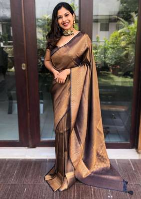  copper self design cotton silk kerala saree with unstitched blouse 3