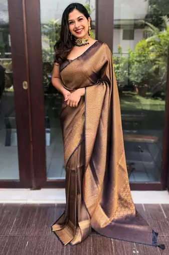  copper self design cotton silk kerala saree with unstitched blouse