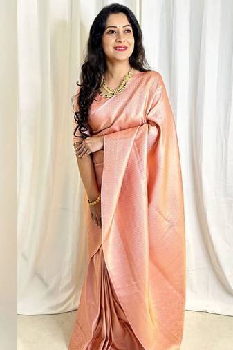 celebrity inspired peach woven pure art silk blend multicolor saree with unstitched blouse