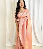 celebrity inspired peach woven pure art silk blend multicolor saree with unstitched blouse