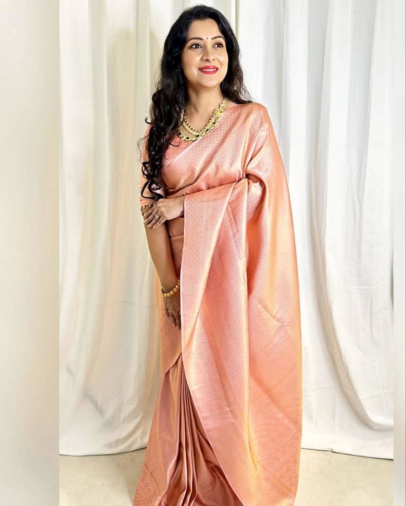 celebrity inspired peach woven pure art silk blend multicolor saree with unstitched blouse