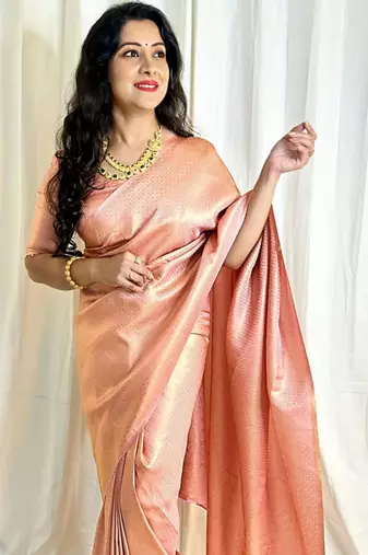 celebrity inspired peach woven pure art silk blend multicolor saree with unstitched blouse