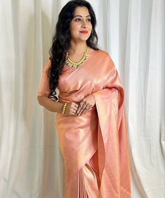 celebrity inspired peach woven pure art silk blend multicolor saree with unstitched blouse 4